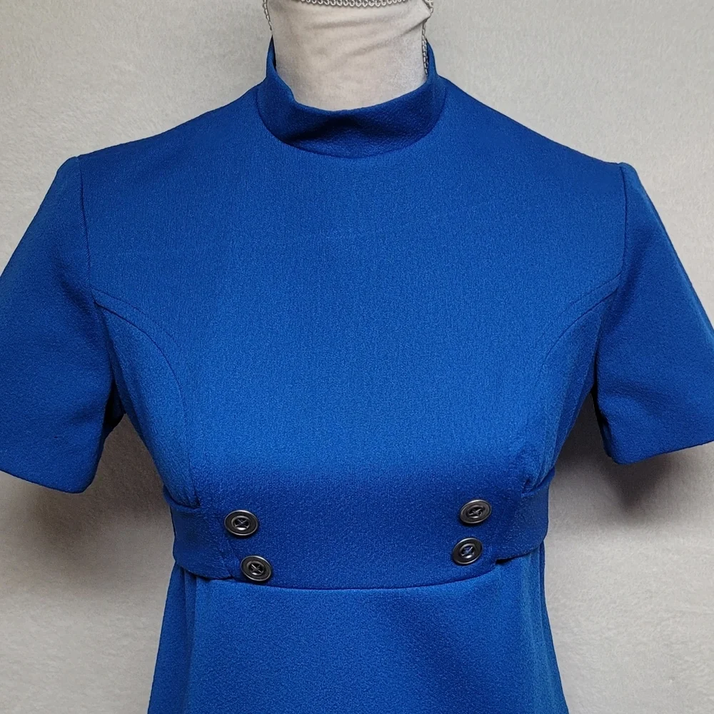 Barby Jr Vintage 60s Royal Blue Mockneck Tie-Waist Button Micro Mini Dress M - Picture 3 of 11
